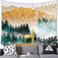 Detailed close-up of decorative landscape tapestry featuring golden deer and mountain peaks - Golden Deer Forest Style (18) / 100x70cm