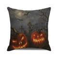 Halloween throw pillow cover with glowing pumpkins and bats cemetery print on linen - 18x18 Inch / Scary Cemetery Cross Style (34)