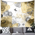 Detail of modern Chinese ink landscape tapestry with gold lines hanging above a sofa - Solitary Fisher Style (13) / 100x70cm