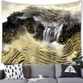 Close-up of ink landscape tapestry with golden birds above a grey sofa background - B&W Waterfall Style (11) / 100x70cm