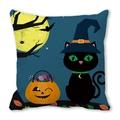 Detail van Halloween kussensloop met cartoon zwarte kat en pompoenlantaarn print - Zwarte Kat Toverenaarshoed Pompoenlantaarn (5) / 45x45cm