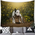Detail of cute Bull Terrier tapestry hanging over sofa in a cozy home setting - Bull Terrier Style (14) / 100x70cm (Peach Skin)