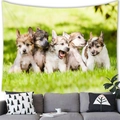 Detailed wall tapestry showing five cute puppies on grass hung above a modern gray sofa - Five Puppies Style (12) / 100x70cm (Peach Skin)