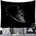 Realistic black and white horse head tapestry hung over a sofa in a modern room decor - B&W Horse Head Close-up (Style 15) / 100x70cm (Peach Skin Fabric)