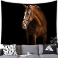 Modern wall tapestry featuring a detailed brown horse portrait hanging over a grey sofa - Steady Brown Horse Portrait (Style 13) / 100x70cm (Peach Skin Fabric)