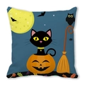 Halloween pillow cover with cartoon black cat and pumpkin on dark blue background - Dark Blue Background Cat Owl (38)