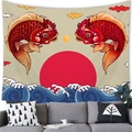 Tapiz japonés Ukiyoe con peces koi rojos y olas de mar para decoración de pared del hogar - 150x100(Piel de Melocotón) / Pareja de Peces Koi