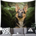 German Shepherd wall tapestry above sofa featuring realistic forest dog portrait - German Shepherd in Forest Style (2) / 100x70cm (Short Plush)