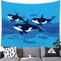 Tapiz de pared con tres ballenas orcas y olas azules para decoración moderna del hogar - 100x70(Piel de Melocotón) / Tres Orcas Cartoon Olas Azules