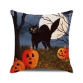 Halloween pillow cover with black cat, orange pumpkins, and full moon on linen texture - 18x18 Inch / Black Cat Full Moon Jack-o'-lantern Style (40)