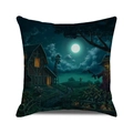 Funda de cojín Halloween con calabaza de acuarela y granja bajo la luna llena - 45x45 cm / Espantapájaros y Granero (28)
