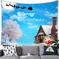 Cozy living room scene featuring a Merry Christmas tapestry with Santa and reindeer - Santa Snow Hut And Christmas Tree Style (18) / 100x70cm