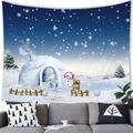 Detail of winter wall tapestry showing cute snowman and igloo scene above a sofa - Blue Night Ice House Lamp And Earmuff Snowman Style (12) / 100x70cm