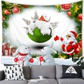 Christmas tapestry featuring a green planet with snow, Santa Claus, and cute rabbits - Green Planet Mini House Santa And Rabbit Style (10) / 100x70cm