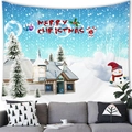 Detail of a Merry Christmas wall tapestry showing a cute snowman and cozy winter cabin - Red Wishes Snow House Scarf Snowman And Decoration Style (9) / 100x70cm