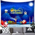 Detail of Christmas wall tapestry showing Santa and gift train above a grey sofa - Peach Skin / Fairy Tale Blue Night Santa And Gift Train Style (6) / Medium (150x100)