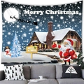 Merry Christmas tapestry with snowman and Santa sleigh hanging in a modern living room - Moonlight Reindeer And Waving Santa Style (3) / 100x70cm