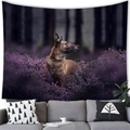 Malinois dog tapestry hanging above a sofa in a cozy interior home decor setting - Among Purple Flowers Style (5) / 100x70cm (Peach Skin)