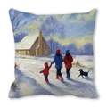 Detail van kussensloop met olieverfstijl winter sneeuwscène print op zachte perzikhuid - 45x45cm / Rood-Blauwe Stijl Mensen Hand In Hand In De Sneeuw (38)