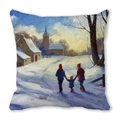 Detail van de kerstkussensloop van perzikhuid met een olieverfschilderij van sneeuw - 45x45cm / Warme Kerk Sneeuwlandschap Stijl (36)