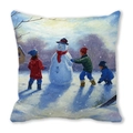 Kerstkussen van perzikhuid met winters sneeuwtafereel, kinderen en een sneeuwpop - 45x45cm / Blauw En Wit Kinderen Bouwen Sneeuwpop Stijl (35)