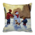 Kerstkussen met olieverfschilderij motief van kinderen en hond in de sneeuw - 45x45cm / Prachtige Winter Sneeuw Illustratie Stijl (34)
