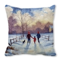 Detail van de kerstkussenhoes met een schilderij van een besneeuwd winterlandschap - 45x45cm / Winteravond Wandeling Met Hond Stijl (33)