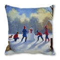 Detailweergave van vierkante kussensloop met olieverfschilderij van sneeuw en sneeuwpop - 45x45cm / Sneeuwpop Spelen In Bos Stijl (30)