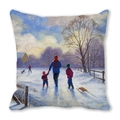 Detail van perzikhuid kussen met een artistiek winter sneeuwscène olieverfschilderij - 45x45cm / Volwassene Leid Kind In De Sneeuw Stijl (28)