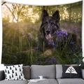 German Shepherd wall tapestry hanging above a grey sofa in a cozy room setting - German Shepherd in Flower Sea Style (8) / 100x70cm (Peach Skin)