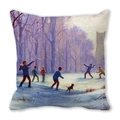 Detail van winterse olieverfprint op perzikhuid kussensloop met sneeuwtafereel - 45x45cm / Sneeuwbalgevecht In Het Bos Stijl (25)