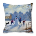 Detail van de kussenhoes van perzikhuid met winterkinderen en een sneeuwpop - 45x45cm / Sneeuwpop En Geel Huis Stijl (26)