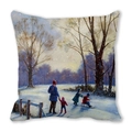 Detail van de stoftextuur van kerstkussenhoes met olieverfschilderij van sneeuwscène - 45x45cm / Familiewandeling In De Sneeuw Stijl (23)
