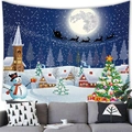 Christmas snowman and Santa village wall tapestry hanging above a modern living room sofa - Snowy Village Church Reindeer Sleigh Style (6) / 150x100(Peach Skin)