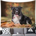 Border Collie dog tapestry wall hanging decor featuring autumn leaves over a gray sofa - Border Collie in Leaves Style (10) / 100x70cm (Peach Skin)