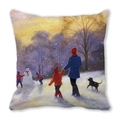 Decoratief kussen met wintersneeuwscène en olieverf bosprint voor kerstdecoratie - 45x45cm / Zonsondergang Sneeuwbos Warme Stijl (19)