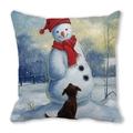 Kerst kussensloop van perzikhuid met olieverfschilderij van sneeuwpop en een hondje - Sneeuwpop En Hond Stijl (1)