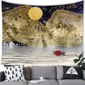 Abstract mountain lake tapestry with gold moon and birds above a grey sofa décor - Lake Moon Style (10) / 100x70cm