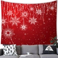 Red Christmas tapestry with white snowflake patterns hanging over a grey sofa - 150x100(Peach Skin) / Red White Snowflakes Beaded Design (1)