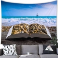 Arazzo artistico con un libro aperto che si fonde in un paesaggio marino costiero - Spiaggia di Ciottoli Barca a Vela (15) / 100x70(Pelle di Pesca)