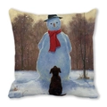 Kerst kussensloop met sneeuwpop en puppy, perzikhuid stof met winters olieverfmotief - 45x45cm / Sneeuwpop En Zittende Hond Stijl (5)