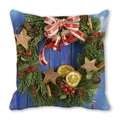 Christmas wreath cushion cover with red bells and pinecones on blue wood background - Blue Wood Pine Wreath Style (37) / 45x45cm(Cover Only)