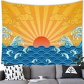 Tapiz japonés Ukiyo-e con sol rojo y olas del mar para decoración de pared - 100x70(Piel de Melocotón) / Rising Sun & Waves