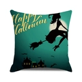 Detail of Happy Halloween pillow case with witch silhouette and moon on dark teal fabric - Dark Green Witch Castle (5)