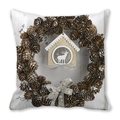 Close-up of Christmas pine cone wreath and reindeer ornament on peach skin pillow case - Retro Pine Cone Wreath Style (36) / 45x45cm(Cover Only)