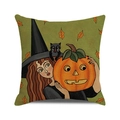 Close-up of the woven linen texture and cartoon witch pumpkin print on square cushion cover - Green Tone Long Hair Witch (7)