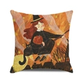 Detail of Halloween pillow case with cartoon witch and black cat on linen fabric - Hand-painted Fairy Tale Witch (9)