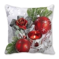 Detail of Christmas cushion showing red ornaments, silver candle holder and pine needles - Red Rose Silver Candlestick Style (33) / 45x45cm(Cover Only)