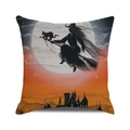 Detail of square Halloween cushion cover featuring witch and black cat silhouette design - Moon-white Witch Cat (19)