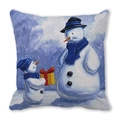 Merry Christmas kussenhoes met sneeuwpop in olieverfstijl en een winters bosontwerp - 45x45cm / Sneeuwpop Met Cadeauverpakking Stijl (7)